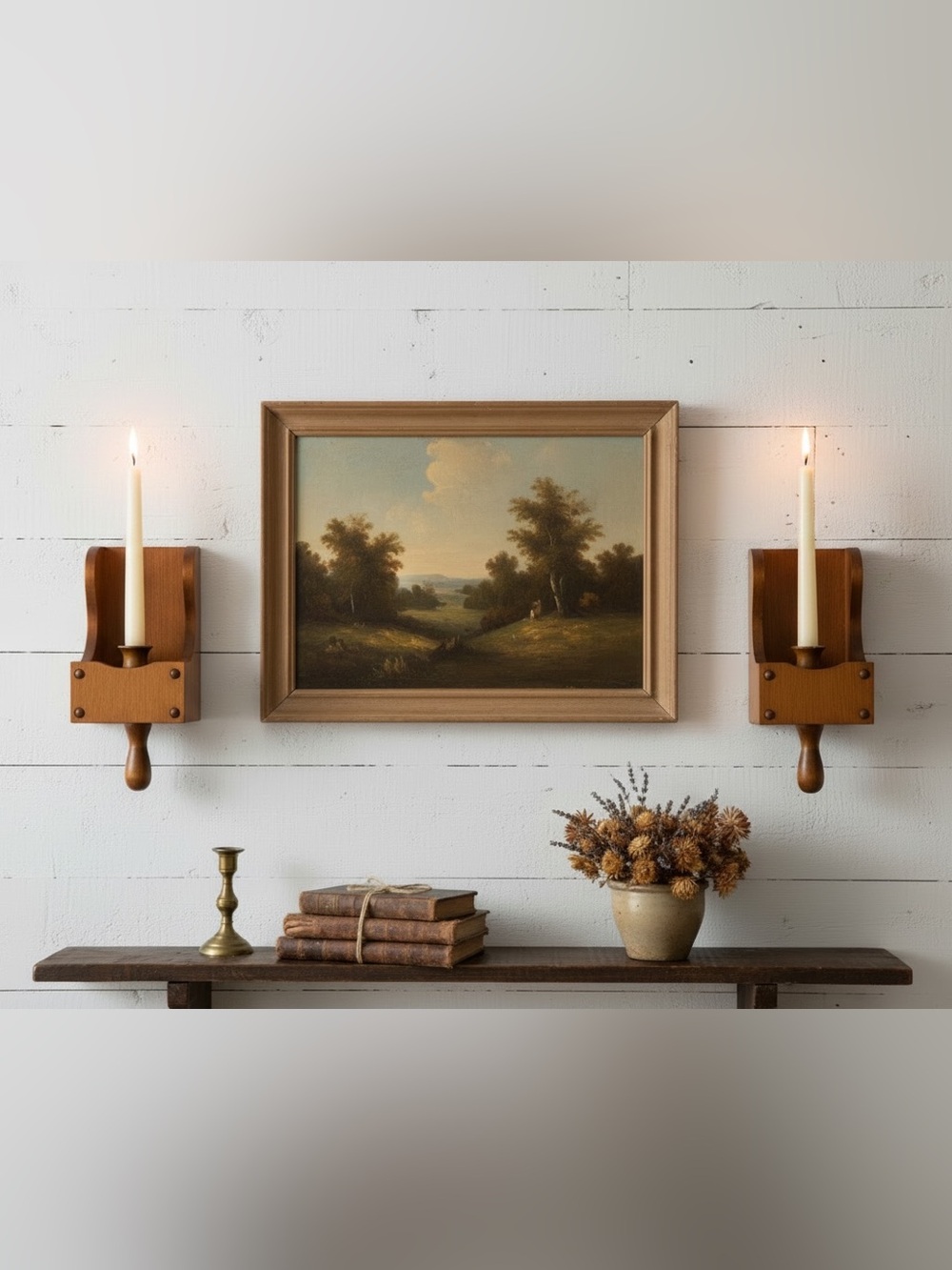 Pair Wooden Colonial Primitive Farmhouse Scoop Style Candle Holders Boxes
